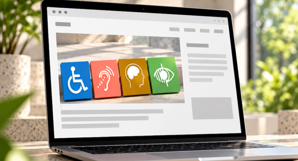 A laptop displays icons symbolising accessibility for mobility, hearing, cognitive, and visual impairments on its screen.