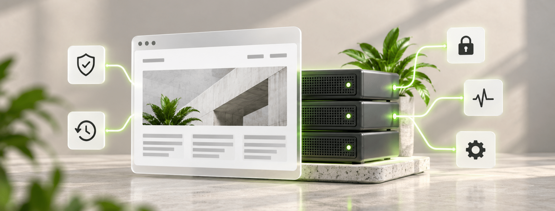 A 3D browser window appears alongside server stacks and icons representing security, backup, health, and settings features, with plants included in the scene.