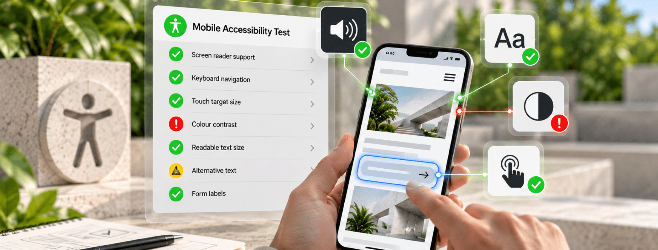 A person sits outside using a mobile phone, referring to an accessibility checklist with related icons displayed on a surface nearby.