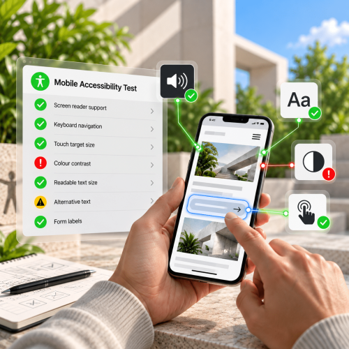 A person outdoors uses a mobile phone to conduct an accessibility test, with floating checklist and icons displaying the results.