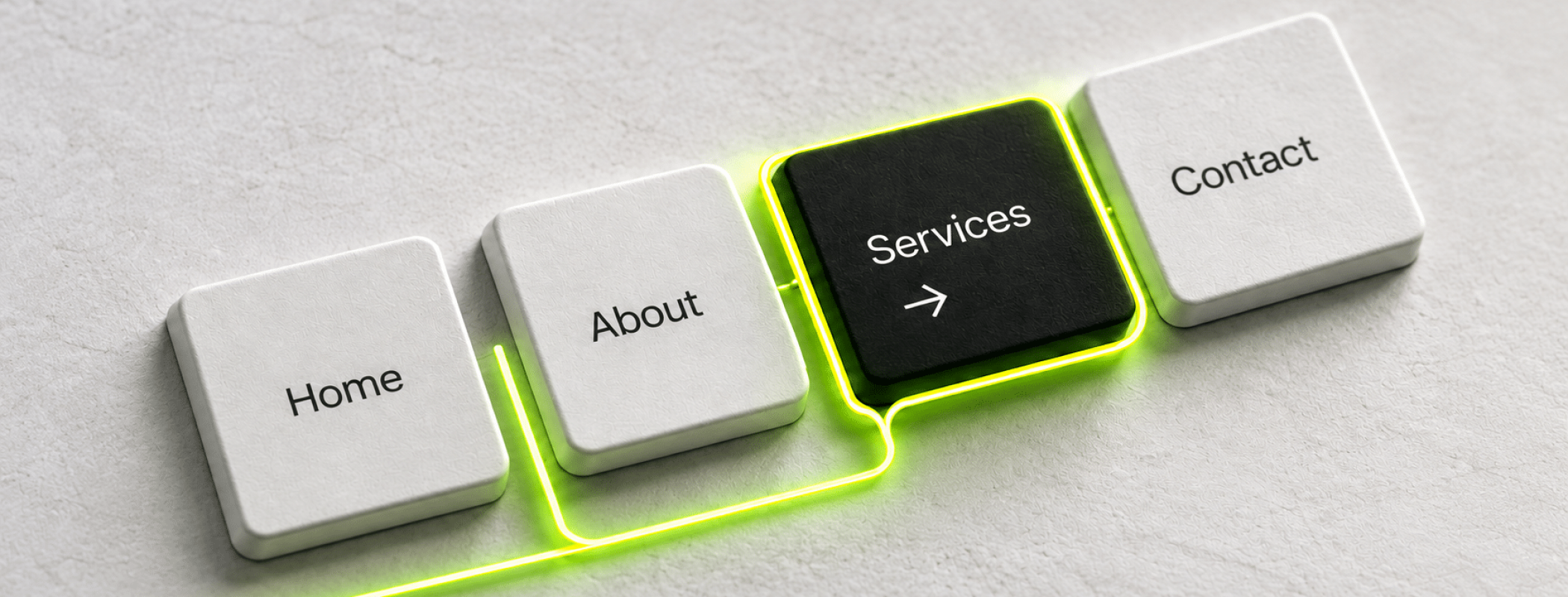 A row of four buttons labelled Home, About, Services, and Contact, with a neon line highlighting the Services button.