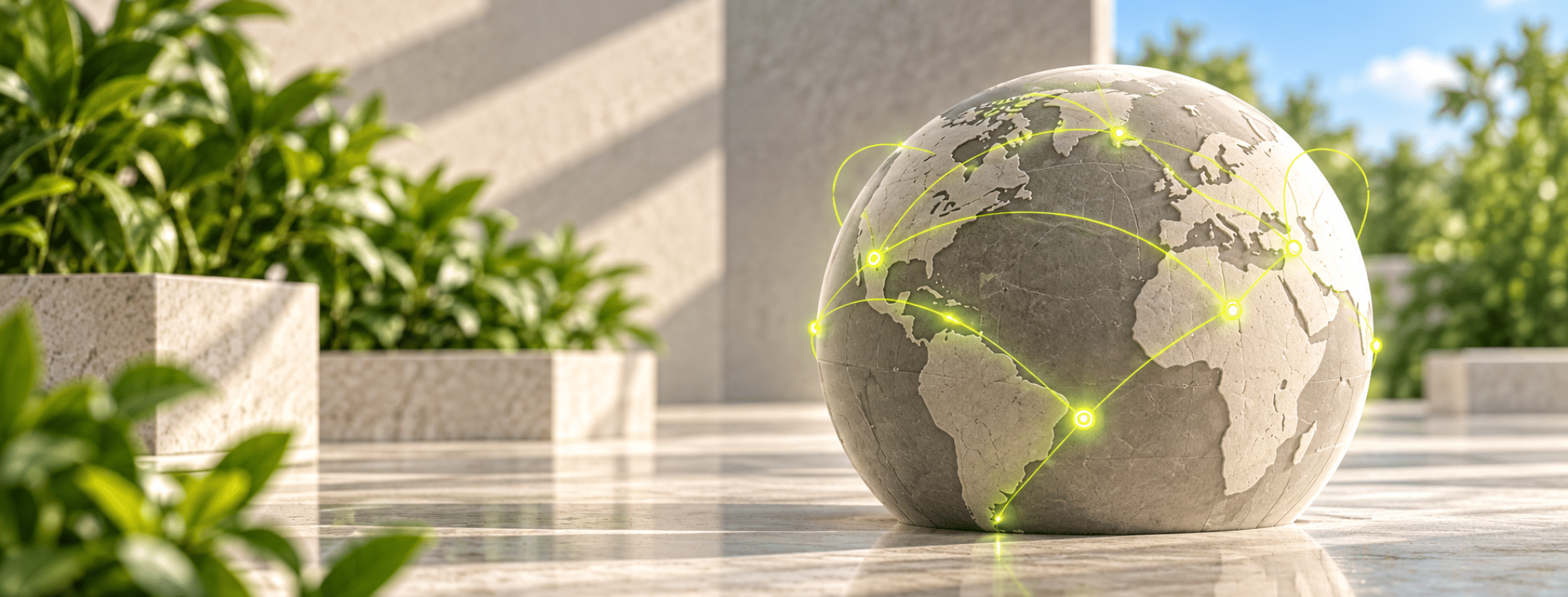 A stone globe with illuminated network lines rests on a polished floor, with green plants and sunlight in the background.