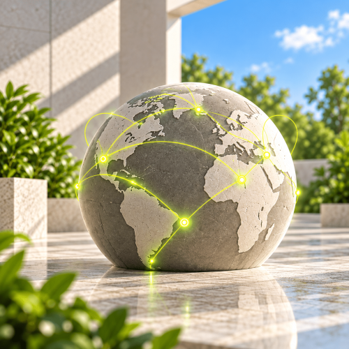A stone globe featuring bright green network-like lines is displayed on a sunny patio, with plants around it.