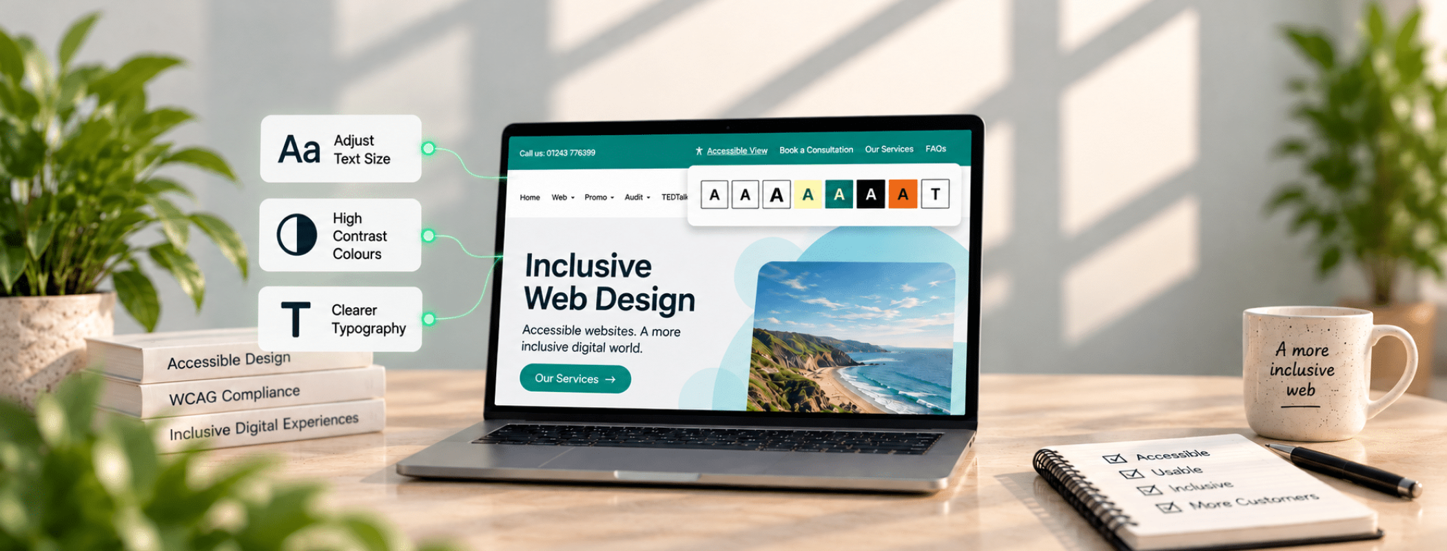 A laptop sits on a sunlit desk displaying inclusive web design tools with accessibility features emphasised on the screen.