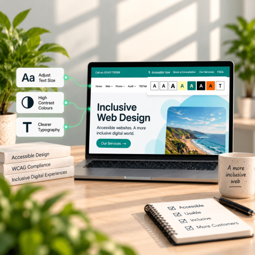 A laptop on a neat, well-lit desk displays a web design site featuring accessibility icons.