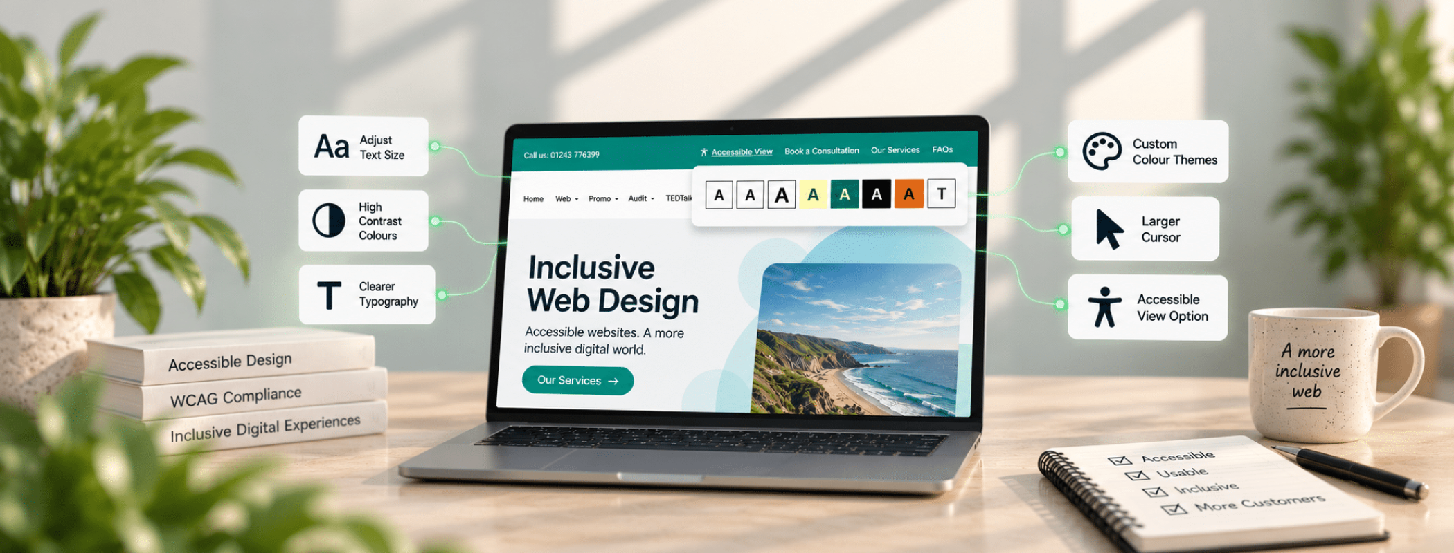 A laptop shows a web design site focused on inclusivity, surrounded by icons representing accessibility features.