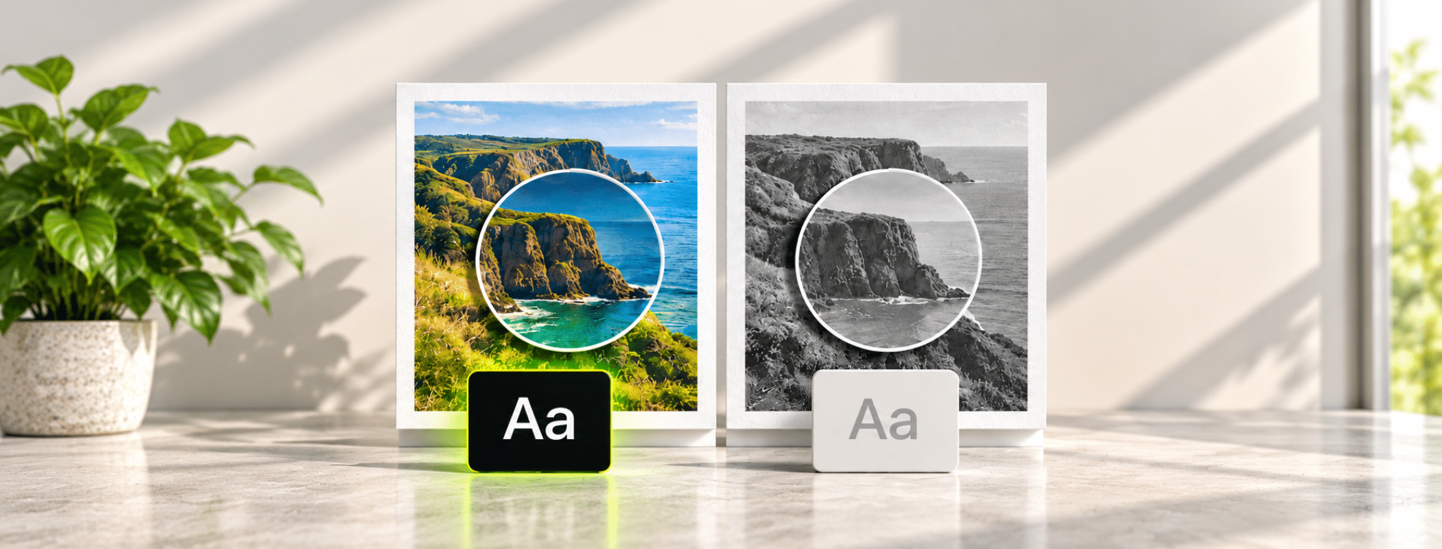 Two landscape photos—one in colour and one in black and white—sit on a sunny table with Aa icons placed in front of them.