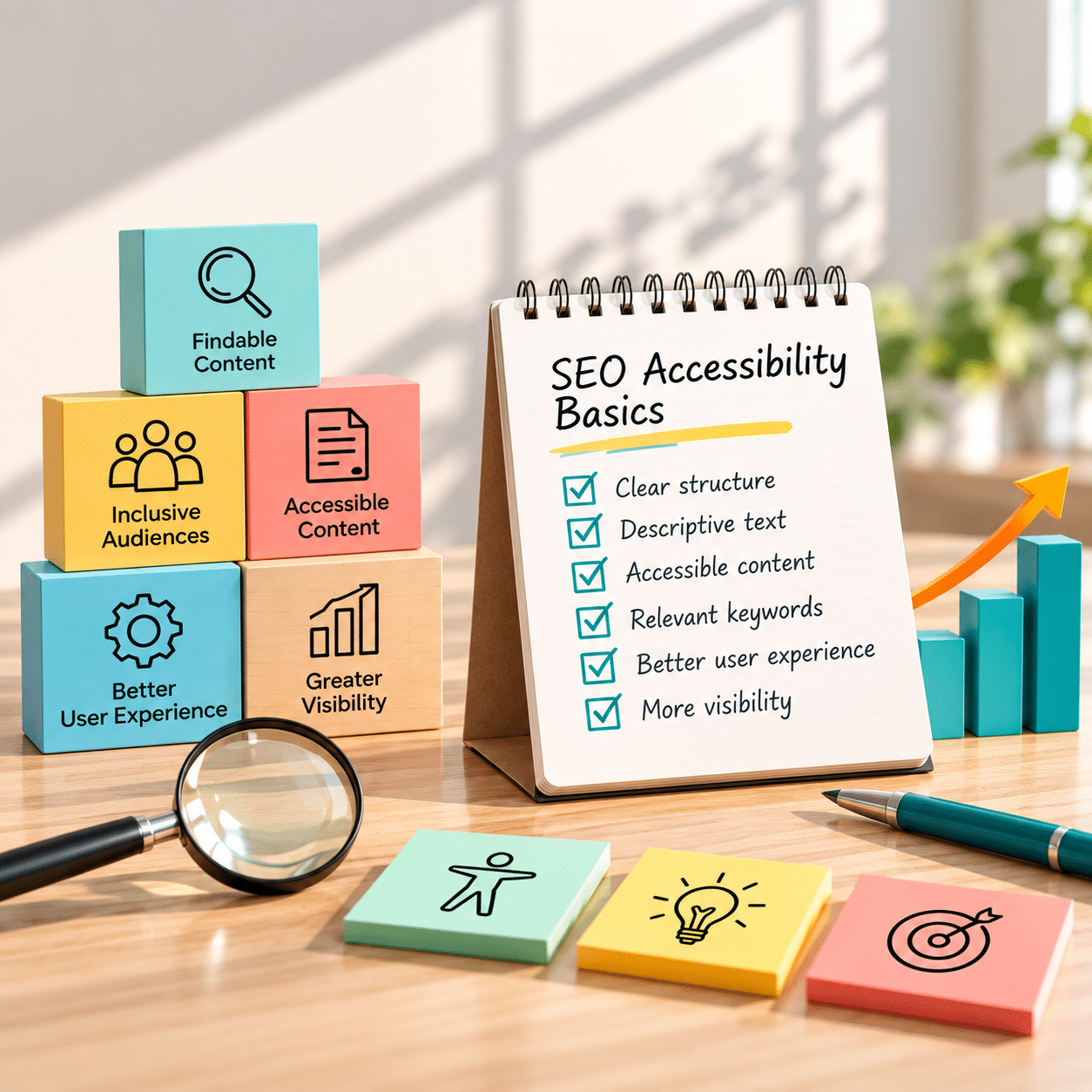 A desk displays an SEO accessibility checklist, colourful blocks with icons, a magnifying glass, and sunlight streaming in the background.