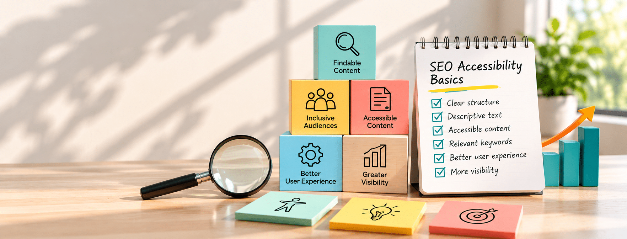 A set of colourful blocks labelled with SEO concepts, accompanied by a magnifying glass and a notepad outlining SEO accessibility basics.