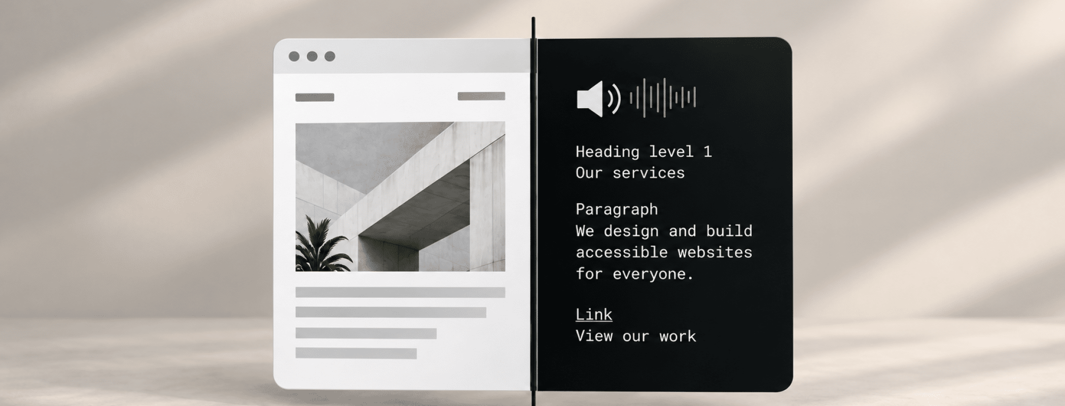 A split card displays a website featuring a building photo on the left and information about accessible web design services on the right.