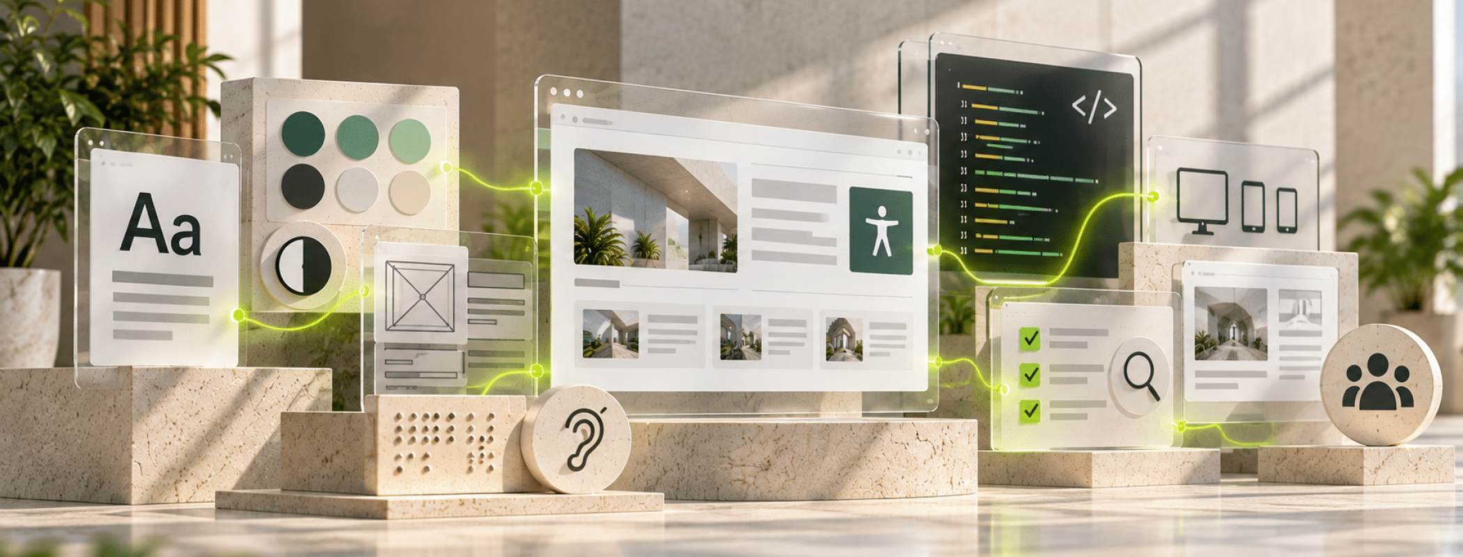 Digital accessibility icons and website elements rest on stone plinths under sunlight, all interconnected by green lines.