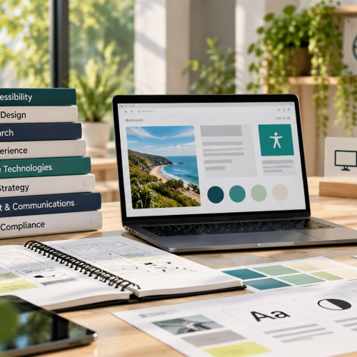 A laptop sits on a desk alongside design books, colour swatches, and potted greenery in a web accessibility workspace.
