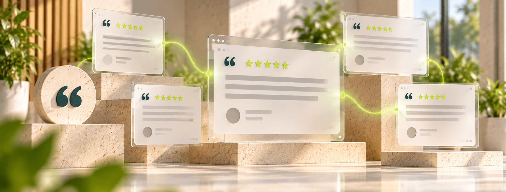 Several floating review cards display five-star ratings, linked by green lines and surrounded by plants and sunlight.