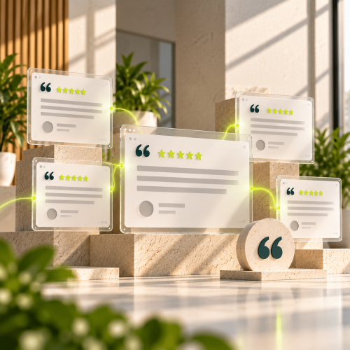 Five transparent review cards featuring stars and quotes sit atop stone blocks in a well-lit, contemporary setting.