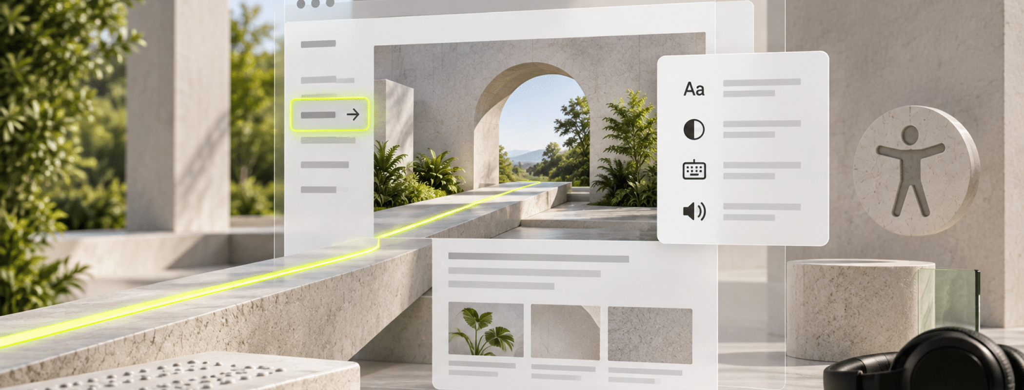 A bright outdoor space features digital overlays, ramps, and various assistive devices representing accessible technology.