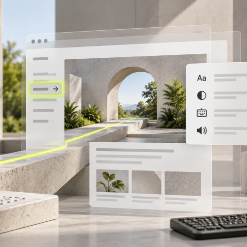 A bright outdoor space features digital overlays, ramps, and various assistive devices representing accessible technology.