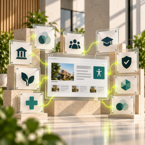 A digital dashboard displays interconnected icons representing health, education, and environmental symbols.