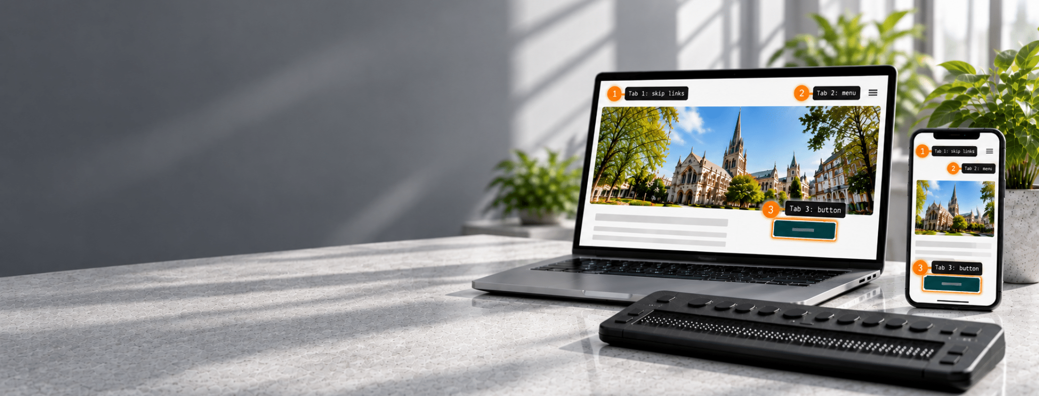 A laptop, smartphone, and braille display sit on a desk, each displaying the same accessible website featuring a cityscape image.