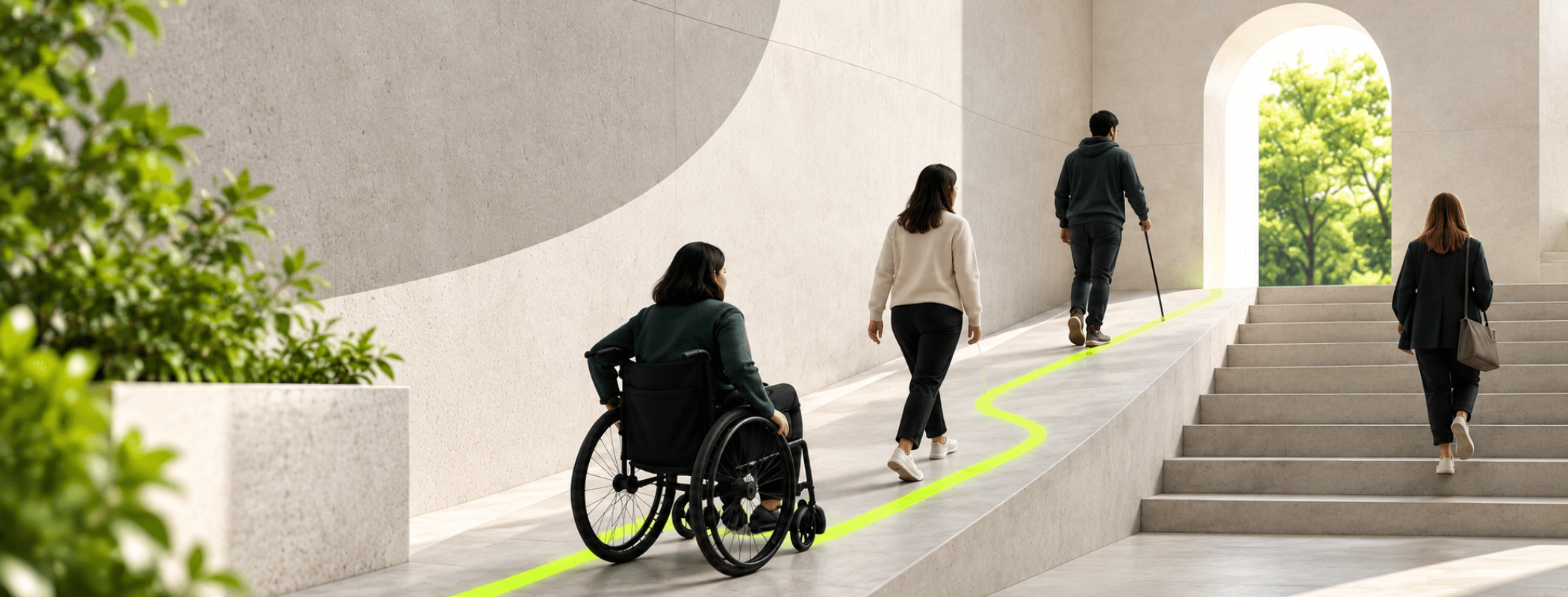 Four people, including one in a wheelchair, travel up an accessible ramp marked by a green line next to stairs in a well-lit area.