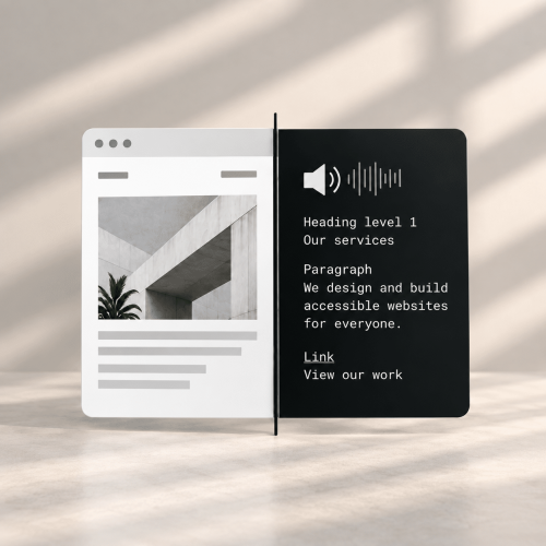 A split screen with a website preview on the left side and web accessibility information accompanied by icons on the right side.