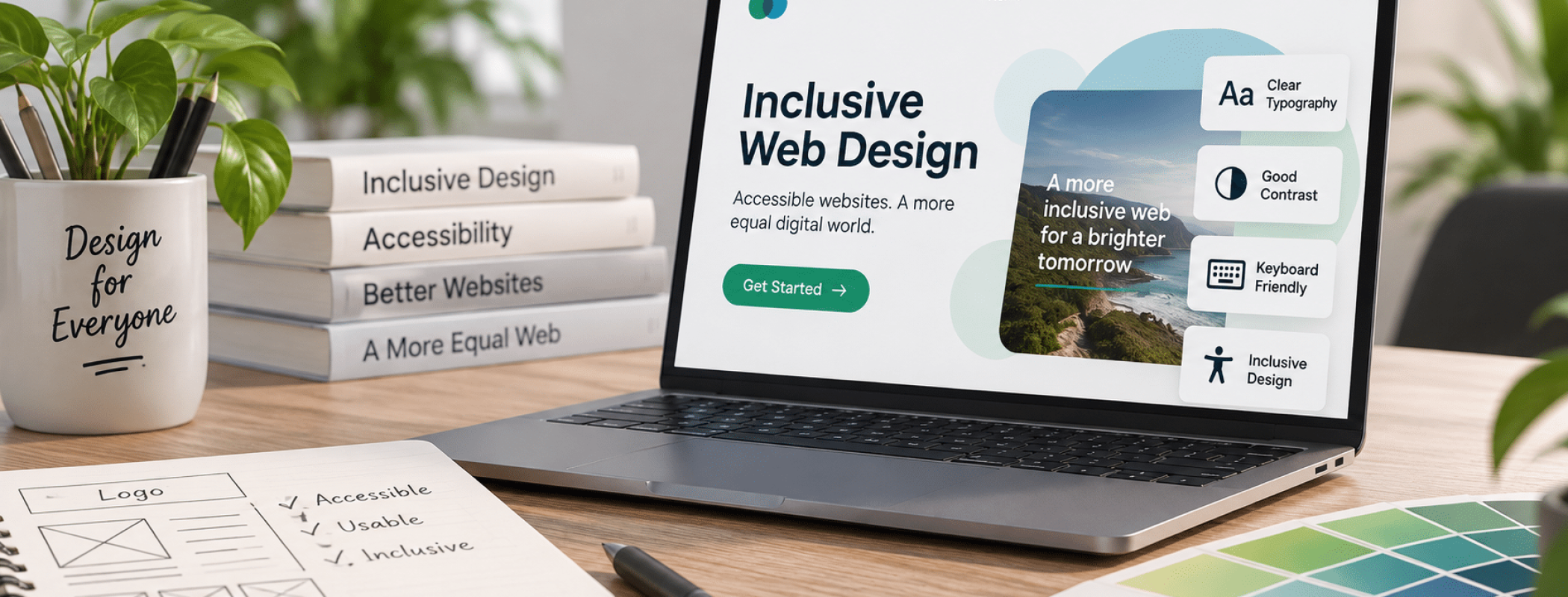 A laptop on a desk shows the words Inclusive Web Design, surrounded by books, a notepad, colour swatches, and a plant.