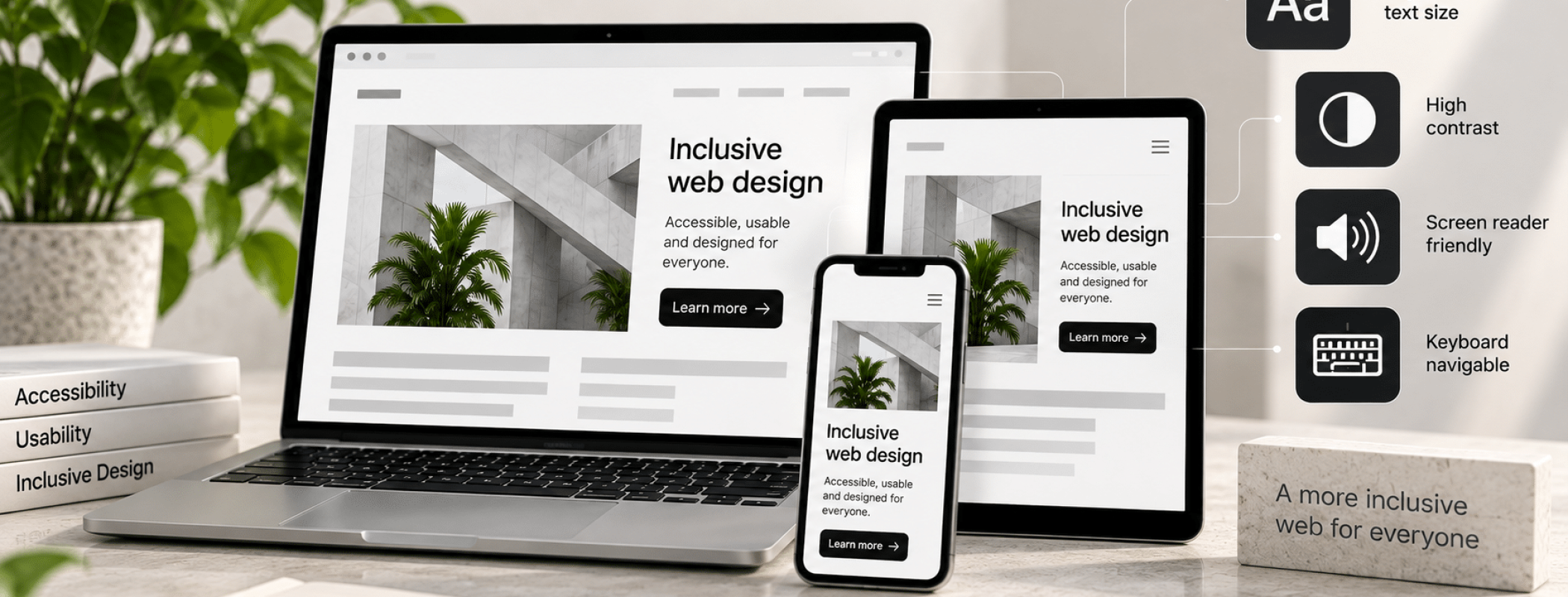 A laptop, tablet, and mobile each display inclusive web design, accompanied by accessibility feature icons positioned beside the devices.