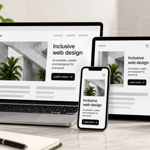 A laptop, tablet, and mobile each display inclusive web design, accompanied by accessibility feature icons positioned beside the devices.
