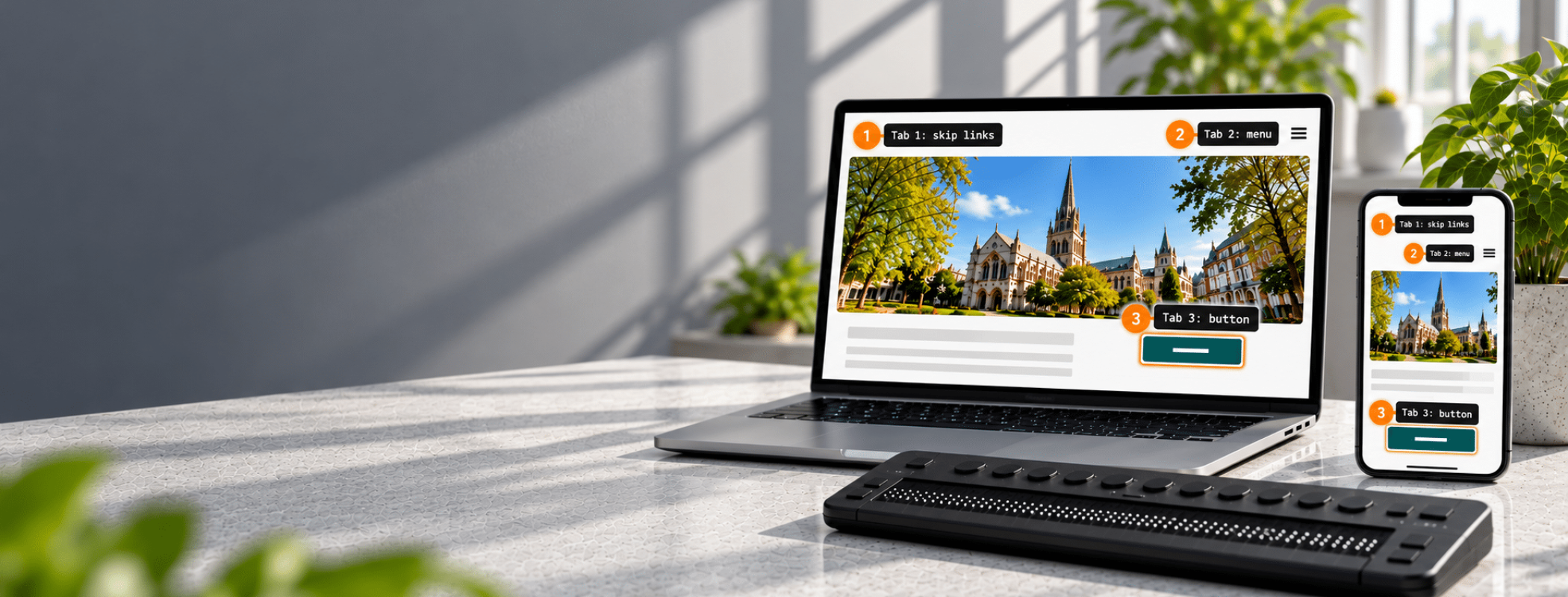 A laptop, mobile phone, and braille display sit on a desk, each displaying a website featuring a photo of a historic building.