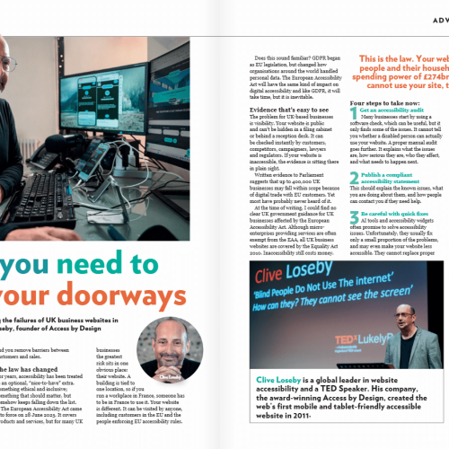 An article titled Why you need to widen your doorways features a man in a wheelchair and digital accessibility tips.