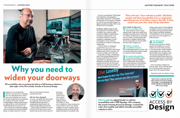 An article titled Why you need to widen your doorways features a man in a wheelchair and digital accessibility tips.