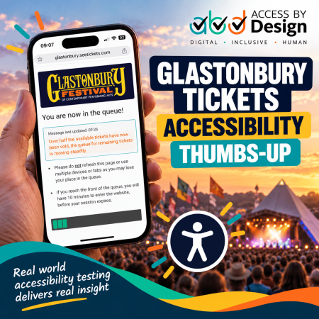 A hand holds a mobile phone displaying a Glastonbury Festival ticket queue page in front of a concert crowd.