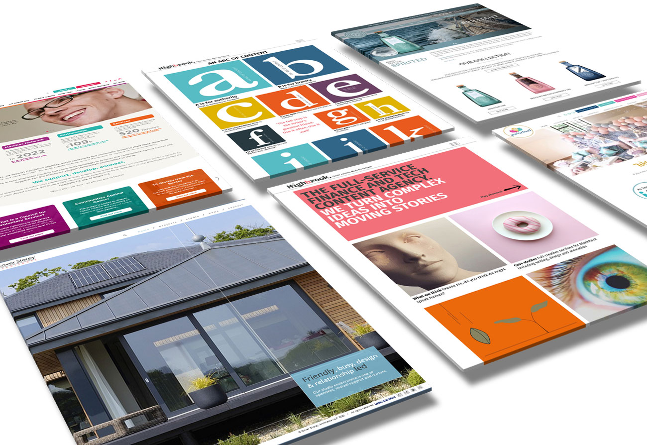 A collage of various colorful website designs displayed at an angle. The designs include images, text, icons, business info, a house with solar panels, and different layouts. They showcase diversity in style and content presentation.