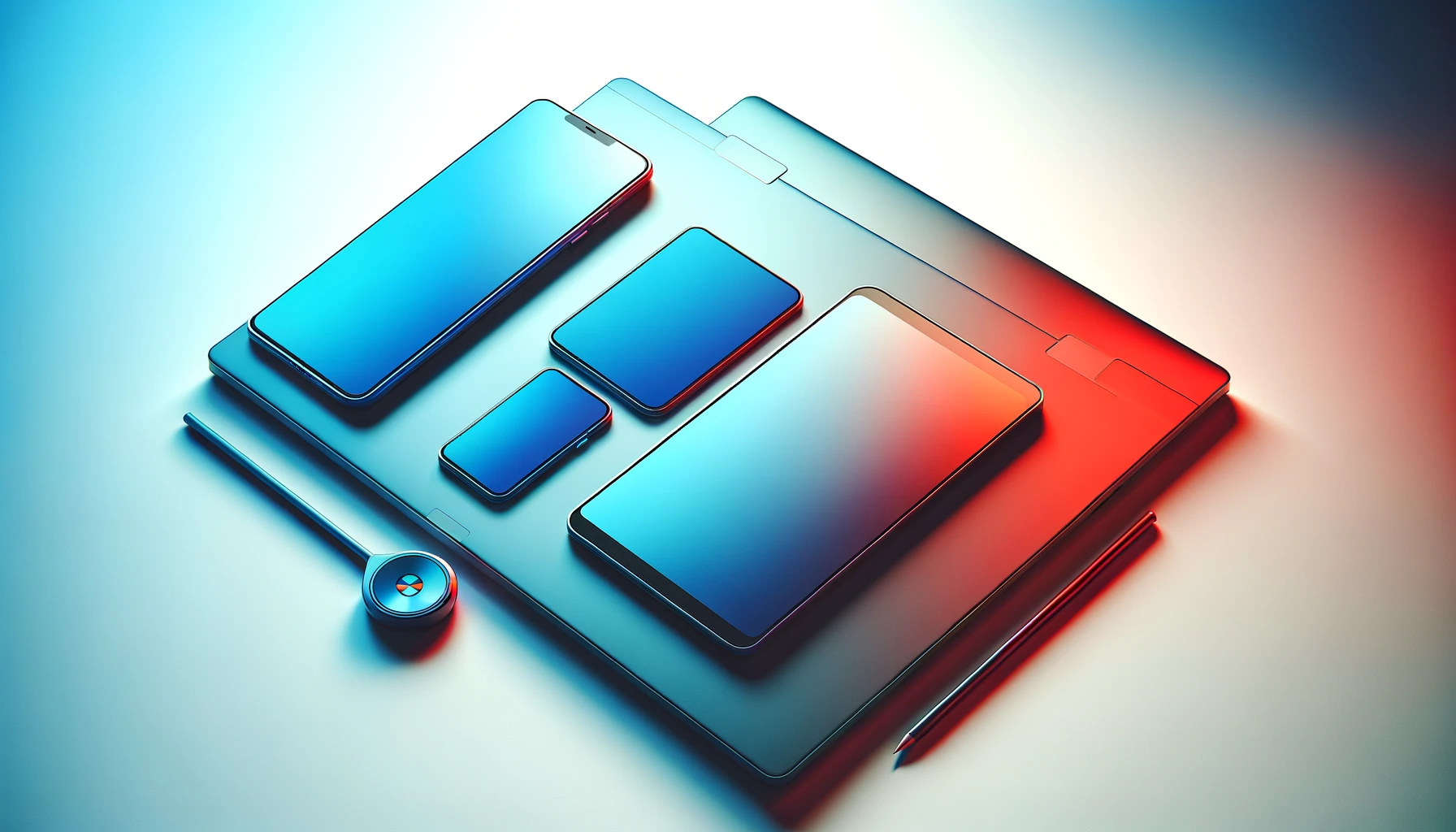 This artistic image features a sleek and modern arrangement of a smartphone, laptop, and tablet set against a clean white background. Each device is vibrantly colored, with the smartphone in blue, the laptop in red, and the tablet in green. The composition is minimalist, focusing on simplicity and elegance, with soft and even lighting that highlights the smooth surfaces and colorful edges of the devices. The overall aesthetic is visually appealing and modern.