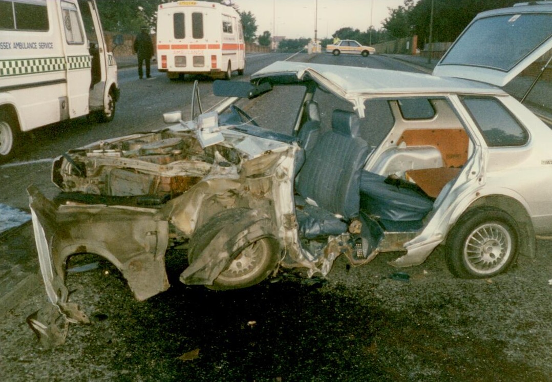 The side of the completely wrecked car in June 1989 that Clive, Jess and their friends were in