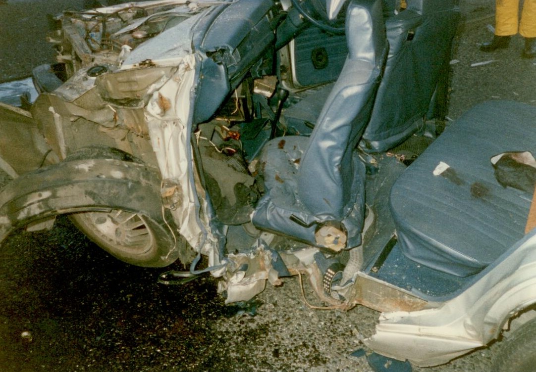 The inside of the completely wrecked car in June 1989 that Clive, Jess and their friends were in