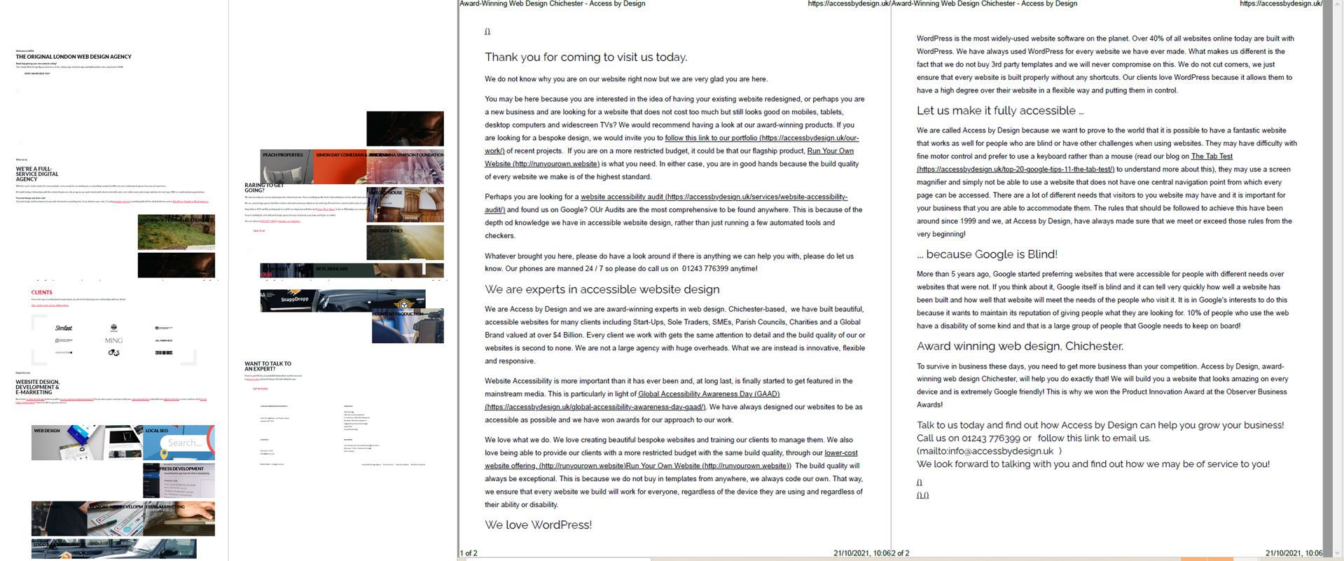 A screenshot of a webpage with text detailing expertise in accessible website design. The page includes multiple columns of text and various images, such as website layouts and accessibility icons. Sections highlight thank you notes, accessibility focus, and WordPress use.