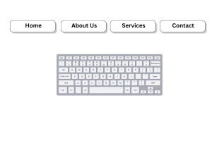 Navigation menu with Home, About Us, Services, and Contact buttons above a keyboard