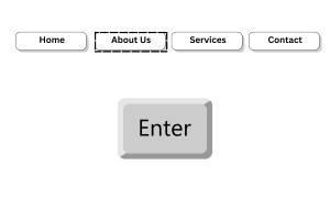 Navigation menu with Home, About Us, Services, and Contact buttons above a keyboard, an enlarged enter key is below