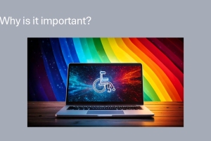 A laptop displaying a wheelchair symbol, with a rainbow background behind it, on a wooden table.