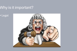 Cartoon judge in a wig angrily points and bangs a gavel, with text reading Why is it important? Legal.