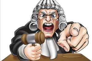 Cartoon judge in a wig angrily points and bangs a gavel