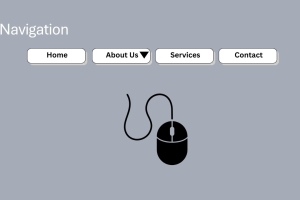 Navigation menu with Home, About Us, Services, and Contact buttons above a black computer mouse icon.