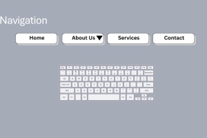 Navigation menu with Home, About Us, Services, and Contact buttons above a keyboard