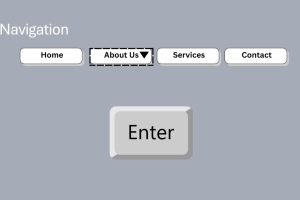 Navigation menu with Home, About Us, Services, and Contact buttons above a keyboard, an enlarged enter key is below