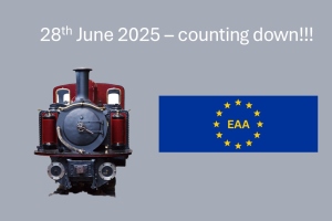 A vintage train next to a blue flag with yellow stars and EAA; text reads 28th June 2025 – counting down!!!.