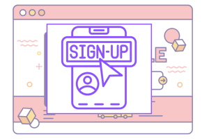 Illustration of a signup popup with a cursor on a web browser screen, labelled Popups on the left.