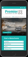 Premier Motorhome website screenshot on iPhone