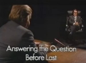 The 2 Ronnies in their famous Mastermind parody sketch, Answering the Question Before Last. One Ronnie is asking the questions, the other is sitting in the famous black leather chair.