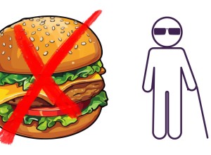 A hamburger with a big red x on top of it. Next to it is a line drawing of a blind person with dark glasses and a walking stick.