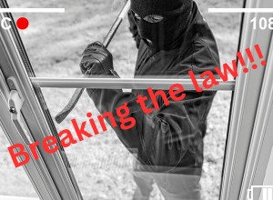 A man wearing a balaclava is trying to break into a house using a crowbar. Text reads Breaking the law!